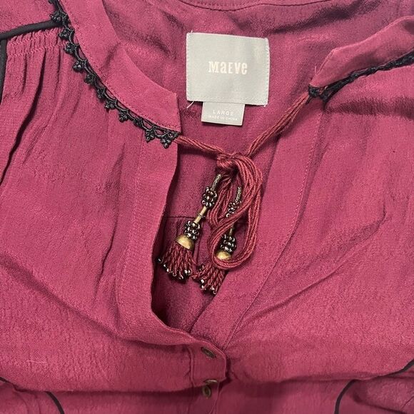 Anthropologie Maeve Boho Burgundy Galan Tassel Shirt Dress large - Picture 9 of 14